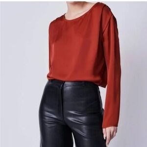 Deluc Rust Long-sleeve Satin Scoop-neck Blouse, NWT